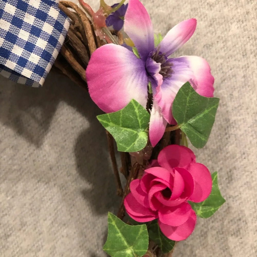 NWOT - Colorful Floral Garden Wreath with Gingham Bow